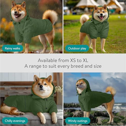 Navaris Hooded Dog Rain Jacket - Dog Raincoat Waterproof - Water-Resistant Rain Coat with Removable Hood - Raincoats with Sizes for Small Medium & Large Dogs - M Green