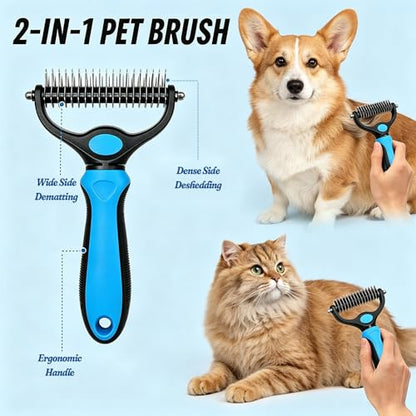Dematting Dog Brush, Double Sided Undercoat Rake Pet Detangling Comb for Dogs and Cats, Pet Pro Grooming Tool for Tangles Knots Long Fur