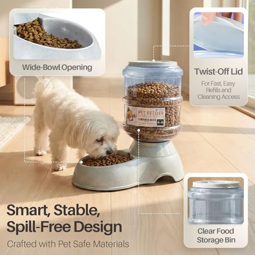 Flexzion Automatic Pet Feeder & Waterer Set of 2 Pack, Self Feeding Replenish Dog Cat Bowls, Gravity Food & Water Storage Container Fountain Jug Pet Supplies Plastic Skid Proof Rubber Feet (1 Gallon) - color: Waterer + Feeder, size: 4-6 lb Feeder (1 Gallo