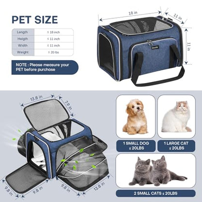 Pet Carrier, Large Soft Sided Expandable Travel Carrier with Steel Frame, Anti-Scratch Mesh, Removable Fleece Pad and Pockets for Cats, Dogs and Small Animals up to 15 lbs (Blue, 4 Sides Expandable) - color: Blue