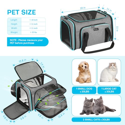Pet Carrier, Large Soft Sided Expandable Travel Carrier with Steel Frame, Anti-Scratch Mesh, Removable Fleece Pad and Pockets for Cats, Dogs and Small Animals up to 15 lbs (Gray, 4 Sides Expandable) - color: Gray