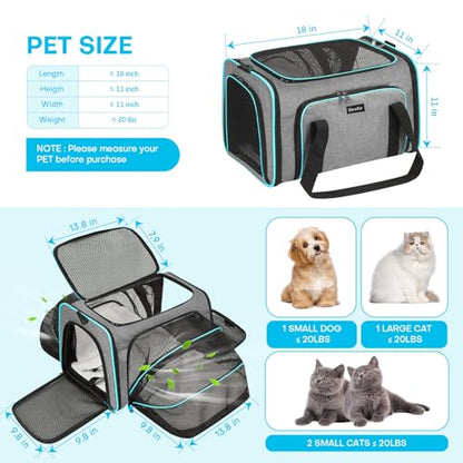 Pet Carrier, Large Soft Sided Expandable Travel Carrier with Steel Frame, Anti-Scratch Mesh, Removable Fleece Pad and Pockets for Cats, Dogs and Small Animals up to 15 lbs (Gray, 4 Sides Expandable) - color: Gray