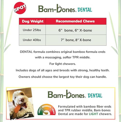 SPOT Bam-Bones Dental Bone - Made with Bamboo Fiber and a Massaging Rubber Center, Durable Oral Care Dog Chew for Light Chewers & Teething Puppies Under 40lbs, 7in, Allergen Free Peanut Butter Flavor - size: Large