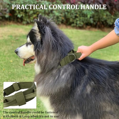 Tactical Dog Collar with Handle - Military Adjustable Dog Training Collar Soft Nylon and Heavy Duty Metal Buckle for Medium Large Dogs - with Patch (Green, Large) - color: Green, size: Large