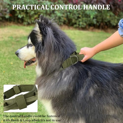 Tactical Dog Collar with Handle - Military Adjustable Dog Training Collar Soft Nylon and Heavy Duty Metal Buckle for Medium Large Dogs - with Patch (Green, Large) - color: Green, size: Large