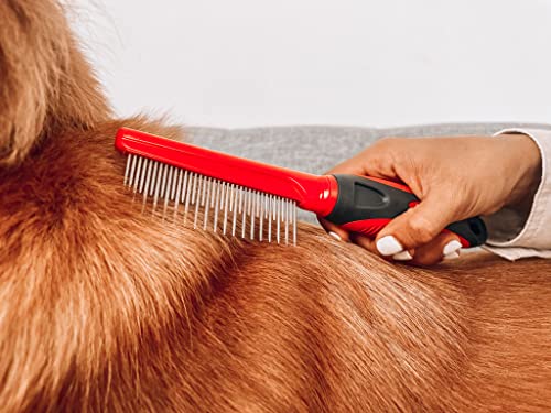 Tuff Pupper Dual Length Detangling Dog Comb | Short and Long Teeth Outer & Inner Coat | Ergonomic Pet Detangling Combs | No-Slip Safety Handle For Precision Control | Rounded Tips Prevent Scratching