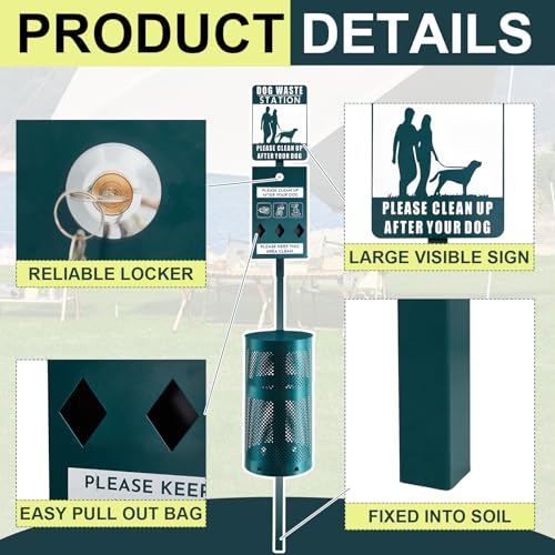 Qinyoung Dog Waste Station Galvanized Steel Outdoor Pet Bin with Poop Bag Dispenser Reflective Sign Rust Proof for Backyard Commercial Park(Green) - color: Green