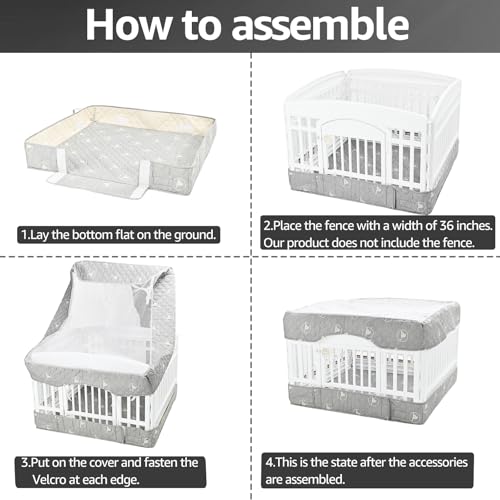 PJYuCien Playpen Cover and Bottom Pad for 36'' Width 4 Panel Pen, Gray | Protect Floor, Easy to Move and Clean – Perfect for Puppy, Duck, and Other Small Animals，Adhesive Tape Connect - style: Grey Bottom Cover Set, 36"Width, Grey ( Adhesive Tape Connecti