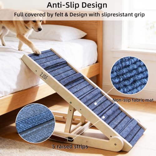 ZJSF Foldable Dog Ramp for High Bed, Wooden Dog Stairs to Bed for Small and Large Dogs, High Traction Platform with 6 Adjustable Heights (12.2"-26"), 39.7" L, Supports up to 230 lbs - size: 39.7"L X 17.4"W