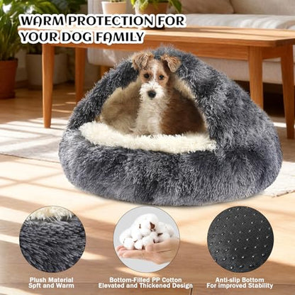 NOYAL Round Hooded Donut Dog Bed for Small & Medium Pets - Plush Fluffy Anti-Anxiety Cat Cave Bed with Cover - color: Bandhnu Dark grey, size: Medium 23.6''
