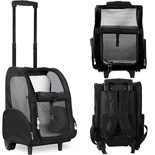 KOPEKS Deluxe Backpack Pet Travel Carrier with Double Wheels for Pets up to 10 Pounds - Black - Approved by Most Airlines - color: Black, size: 13.0"L x 12.0"W x 20.0"H