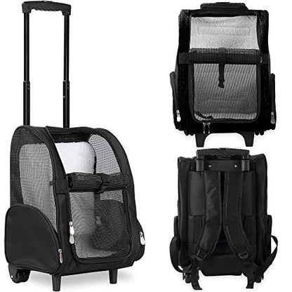 KOPEKS Deluxe Backpack Pet Travel Carrier with Double Wheels for Pets up to 10 Pounds - Black - Approved by Most Airlines - color: Black, size: 13.0"L x 12.0"W x 20.0"H