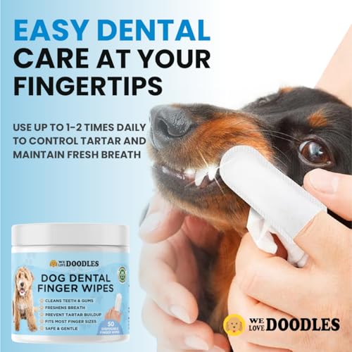 We Love Doodles 50pcs Dog Teeth Cleaning Wipes & Bath Brush Bundle - Dental Finger Wipes & Rubber Brush for Shower Scrubbing & Massage, 2 Pack