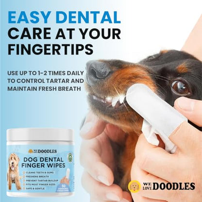 We Love Doodles 50pcs Dog Teeth Cleaning Wipes & Bath Brush Bundle - Dental Finger Wipes & Rubber Brush for Shower Scrubbing & Massage, 2 Pack