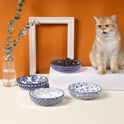 Selamica 세라믹 고양이 사료 그릇 4개 세트, 14cm(5.6인치) 너비의 얕은 고양이 그릇/음식과 물용 접시, 빈티지 블루 - color: 빈티지 블루, size: 5.6 Inch, Set of 4