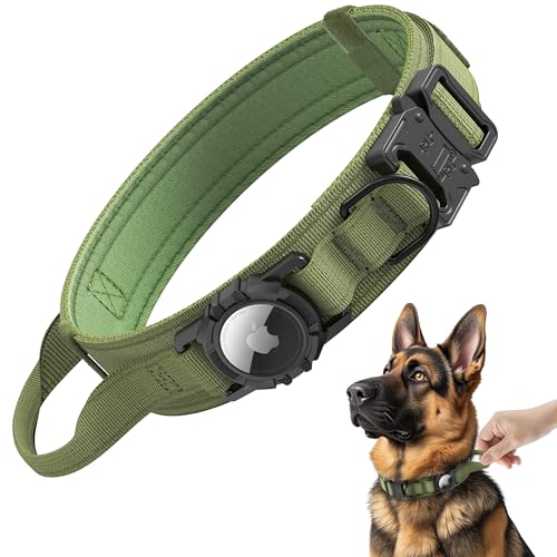 Tactical AirTag Dog Collar - Heavy Duty, Adjustable GPS Collar Compatible with Apple AirTag, with Holder & Control Handle for Medium/Large Dogs [ Green, L ] - color: Green, size: L(16.5"-20.5")