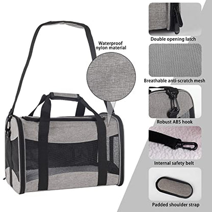 Small Animals Cat Carrying Case Pet Carrier Airline Approved, Protable and Breathable Pet Travel Carrier Removable Fleece Pad Collapsible Cat Carrier Dog Carrier Small Cats Dogs(15 * 10 * 10) - color: grey&black, size: 15.0"L x 10.0"W x 10.0"H