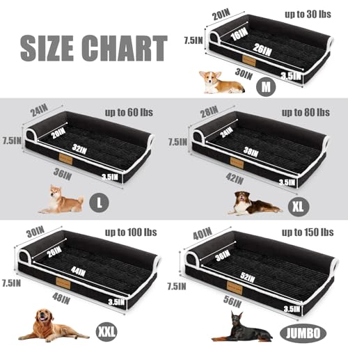 Patas Lague Orthopedic XL Dog Bed Large Sized Dog 48''X30'', Waterproof Comfortable L Bolster Big Extra Large Non-Slip Soft Warm Pet Crate Bed Sleep Sofa mat with Removable Washable Cover, Black - size: XXL:48x30x3.5 IN
