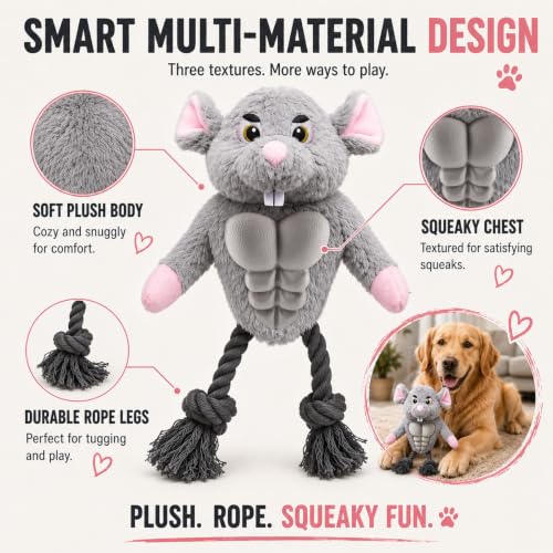 Funny Muscle Mouse Dog Toy with Squeaky Rubber Chest & Rope Legs, Interactive Plush Toy for Medium to Large Dogs, Multi-Texture Toy for Tug, Toss & Supervised Play - color: Gray