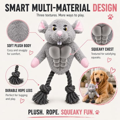 Funny Muscle Mouse Dog Toy with Squeaky Rubber Chest & Rope Legs, Interactive Plush Toy for Medium to Large Dogs, Multi-Texture Toy for Tug, Toss & Supervised Play - color: Gray