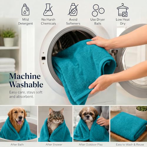 DAN RIVER Dog Towel - Pack of 1, 100% Cotton, 20x40, Ultra Soft 450 GSM, Super Absorbent & Quick Drying Towel for Dogs, Cats, and Other Pets, Teal. - color: Teal-cat Hair