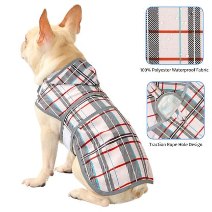 Dog Raincoat for Medium Dogs Waterproof Jacket Hooded Rain Coats with Reflective Strips Leash Hole & Poncho Adjustable Fit (Plaid,M) - color: Khaki Plaid, size: Medium