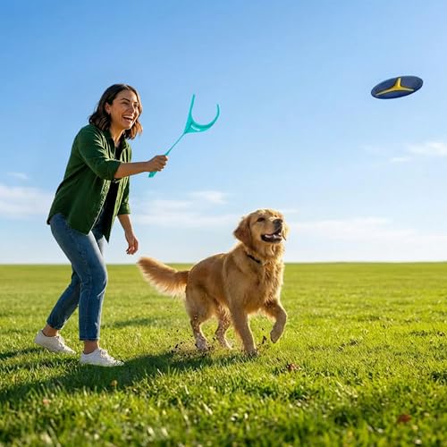 Outward Hound FlyFetch Disc Launcher Dog Toy, Launches Up to 3X Farther, Ergonomic Handle, Durable Rubber Disc, All Breeds - color: Disc Launcher Blue