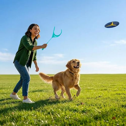 Outward Hound FlyFetch Disc Launcher Dog Toy, Launches Up to 3X Farther, Ergonomic Handle, Durable Rubber Disc, All Breeds - color: Disc Launcher Blue