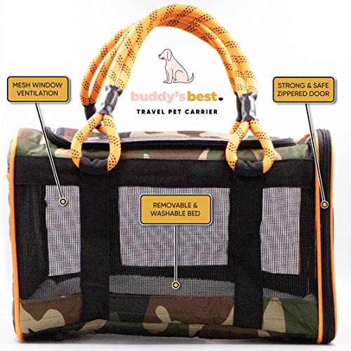 Buddy's Best Airline Approved Pet Carrier – Black & Orange Heavy Duty, Fits Under Seat, TSA Compliant, Ventilated Mesh Design w/Waterproof Base & Reflective Safety Strips - color: Black & Orange