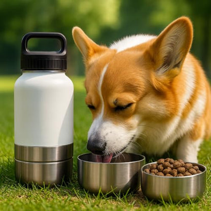 Portable Dog Water Bottle 3-in-1, 32 oz Stainless Steel Travel Dog Water Dispenser with Food Container & Double Bowls, Leakproof for Walking, Hiking & Travel (White)