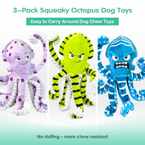 Fuufome Octopus Dog Chew Toys, 3 Pack No Stuffing Squeaky Interactive Crinkle Plush Toy for Puppy Small Medium Large Dogs, Toss & Fetch, Keep Dogs Busy