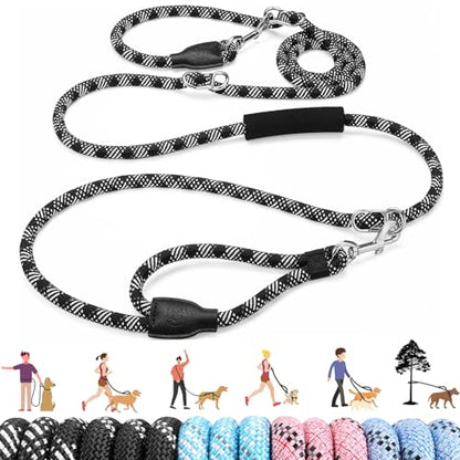 Lukovee Hands Free Dog Leash, 10FT Adjustable Training Lead 1/2 Inch Nylon Heavy Duty Lead No Pull for Large Medium Dogs, Tangle Free Reflective Waist-Leash for Walking Running(Xie-Black, plus Handle) - color: Black Diagonal Stripe