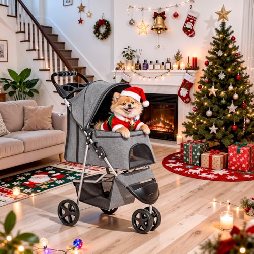 MoNiBloom 3 Wheels Pet Dog Cat Stroller for Small Medium Dogs and Cats, Lightweight Foldable Jogger Stroller w/Storage Basket and Cup Holder, Gray - color: Gray