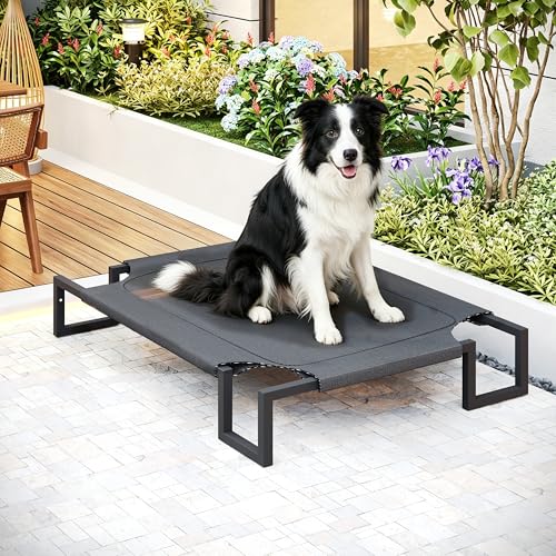 Elevated Dog Bed,Raised Outdoor Dog Bed for Large Sized Dogs,Waterproof Cooling Dog Cot with Washable Breathable Teslin Mesh,Indoor Pet Bed with Heavy Duty Frame,No-Slip Feet,Black 125×85×21cm - size: XL 125L×85W×22H cm
