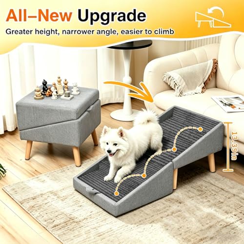 Dog Ramp for Couch Sofa and Low Bed, 13.5"H 2-in-1 Foldable Split Ottoman&Steps, Non-Slip Wooden Pet Stairs for Small Senior Injured Dogs & Cats