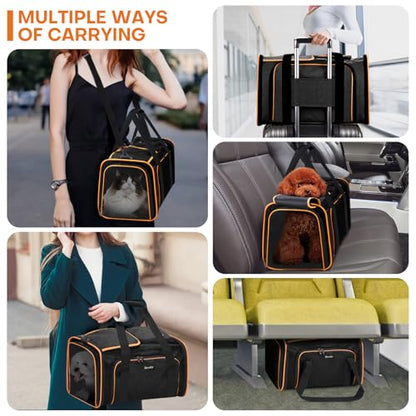 Pet Carrier, Large Soft Sided Expandable Travel Carrier with Steel Frame, Anti-Scratch Mesh, Removable Fleece Pad and Pockets for Cats, Dogs and Small Animals up to 15 lbs (Black, 4 Sides Expandable) - color: Black