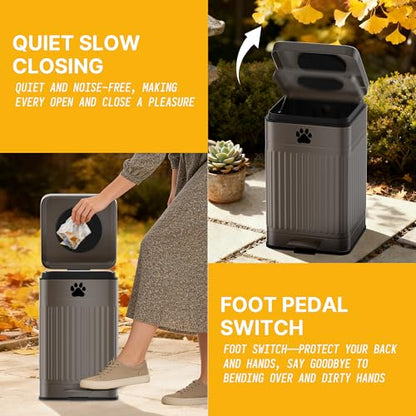 Dog Poop Trash Can Outside - 22L/6Gal Metal Outdoor Trash Can with Lid, Dog Waste Container with 20 Bags, Pet Poop Bucket with Soft Close for Backyard Odor Control, Rectangular Brown - size: 22L Rectangular Brown Trash Can