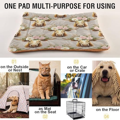 Floral Cow Pattern Pet Bed Mat for Dogs and Cats, Soft Washable Crate Pad with Non-Slip Bottom, Cozy Bed Cushion for Small Medium Large Pets, 24x36 Inch - size: Medium