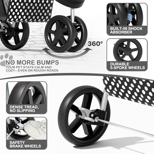 MoNiBloom 3 Wheels Pet Dog Cat Stroller for Small Medium Dogs Cats, Foldable Jogger Stroller w/Storage Basket and Cup Holder, Black Polka Dots - color: Black Polka Dots
