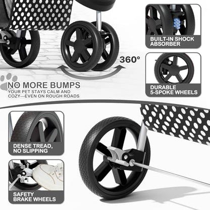 MoNiBloom 3 Wheels Pet Dog Cat Stroller for Small Medium Dogs Cats, Foldable Jogger Stroller w/Storage Basket and Cup Holder, Black Polka Dots - color: Black Polka Dots