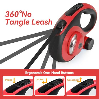 Heavy Duty Retractable Dog Leash for Large Dogs, 26ft Dog Leash with Poop Bag Holder, Up to 110lbs, chew Proof Cable, LED Light, 360° No-Tangle, One-Handed Pause & Locked (Red, L 26ft) - color: Red