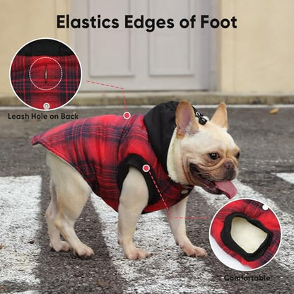 Vecomfy Fleece Lining Dog Hoodie for Small Dogs Extra Warm Plaid Sweater with Drawstring Hooded Coats in Winter Puppy Jacket,Red XS - color: Red Plaid, size: X-Small (Pack of 1)