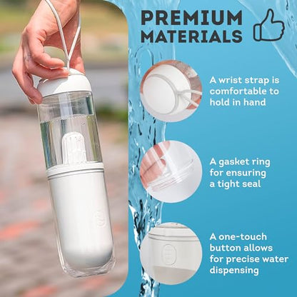 ABC Pack & Supply Dog Water Bottle Dispenser Portable, 12 oz Travel Size, Clear White ABS, One-Hand Button, Silicone Wrist Strap