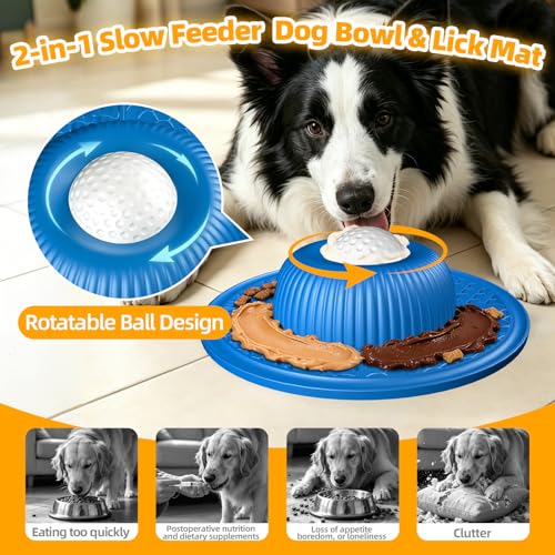 2-in-1 Dog Slow Feeder Bowl & Lick Mat with 2 Rotatable Balls, No-Slip Silicone Anxiety Relief Treat Mat for Dogs & Cats, Dishwasher Safe (Blue)