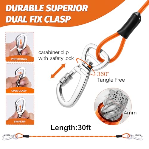 15" Heavy Duty Steel Dog Stake - 9mm Solid Anchor for Dogs Up to 120 lbs - 30FT Orange Tether-Yard, Camping, Outdoor Use (Black, 30ft Cable and Stake) - size: 30ft cable and stake