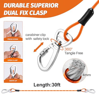 15" Heavy Duty Steel Dog Stake - 9mm Solid Anchor for Dogs Up to 120 lbs - 30FT Orange Tether-Yard, Camping, Outdoor Use (Black, 30ft Cable and Stake) - size: 30ft cable and stake
