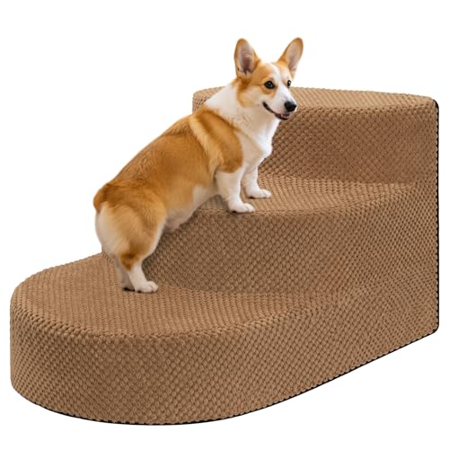 Dog Stairs 3 Steps Foam Pet Ramp for Small Dogs Cats, Khaki | Non-slip foam stairs with washable cover, ideal for beds & sofas. Sturdy, safe & easy to clean. - color: Khaki-3-Step