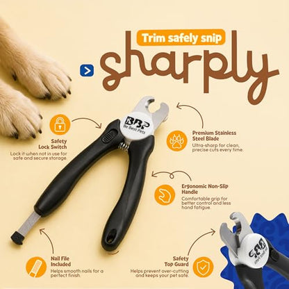 Be Best Pets Pet Nail Clippers for Dogs & Cats - Professional Nail Trimmer with Safety Guard & Sharp Stainless-Steel Blades - Non-Slip Handle Pet Grooming Clippers for All Breeds - Nail File Included