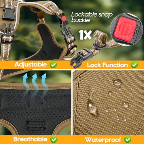 Timos Dog Harness Small Sized, No Pull Pet Harness with Neck Lockable Snap,No Choke Front Clip Dog Reflective Vest,Adjustable Metal Rings 3 Buckles,Easy Control Handle for Small Dogs Khaki S - color: Lock Khaki, size: Small (Pack of 1)