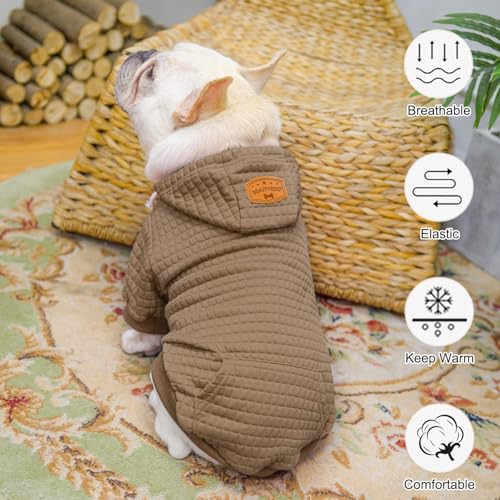 BEAUTYZOO Small Dog Hoodie Sweater with Pockets, Dog Clothes for Small Medium Dogs Boy Girl, Waffle-Like Laminated Cotton Pet Coats with Hat and Leash Hole, Khaki XXS - color: Khaki, size: XXS (Back: 8",Chest: 10", Neck: 7.5")